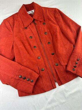 Vintage Faux Suede Military Jacket Red Orange Blazer Retro Coat 90s Size 6